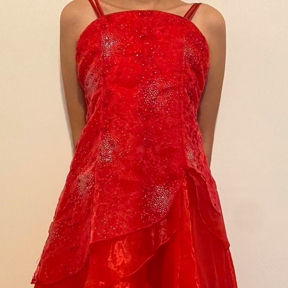 Girls Elegant Gem Bedazzled Red Layered Dress